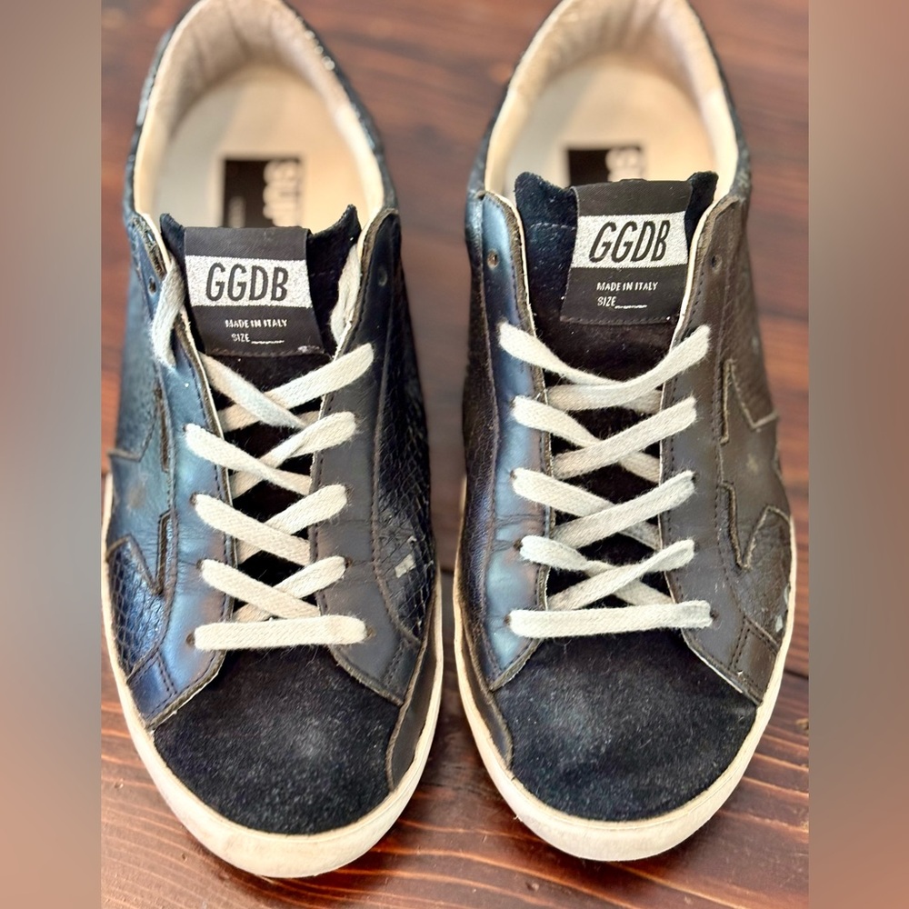 Golden Goose black Suede and Snakeskin Leather Superstar Sneakers.